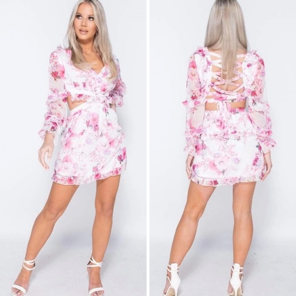Dresses & Skirts - Pink spring time Floral chiffon frill trim cut out waist tie back dress